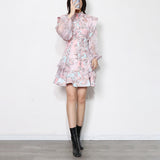 MIDI Mauve Wrap Dress Casual Printed Fashion Dress Autumn Long Sleeve High Waist Stitching Maxi Dress for Women