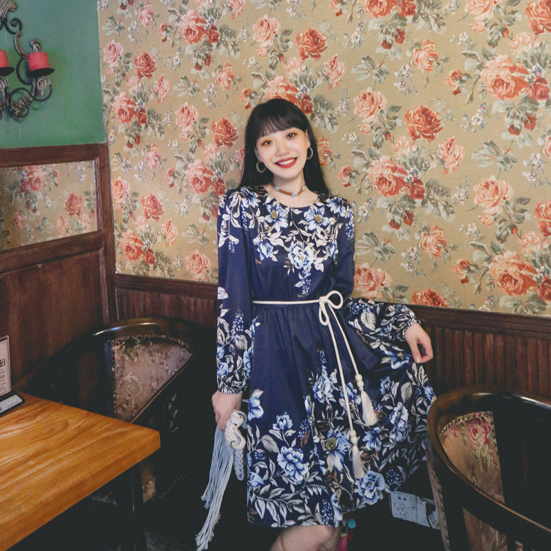 Coachella Music Festival Outfits Vintage Printed round Neck Long Sleeve Big Hem Dress