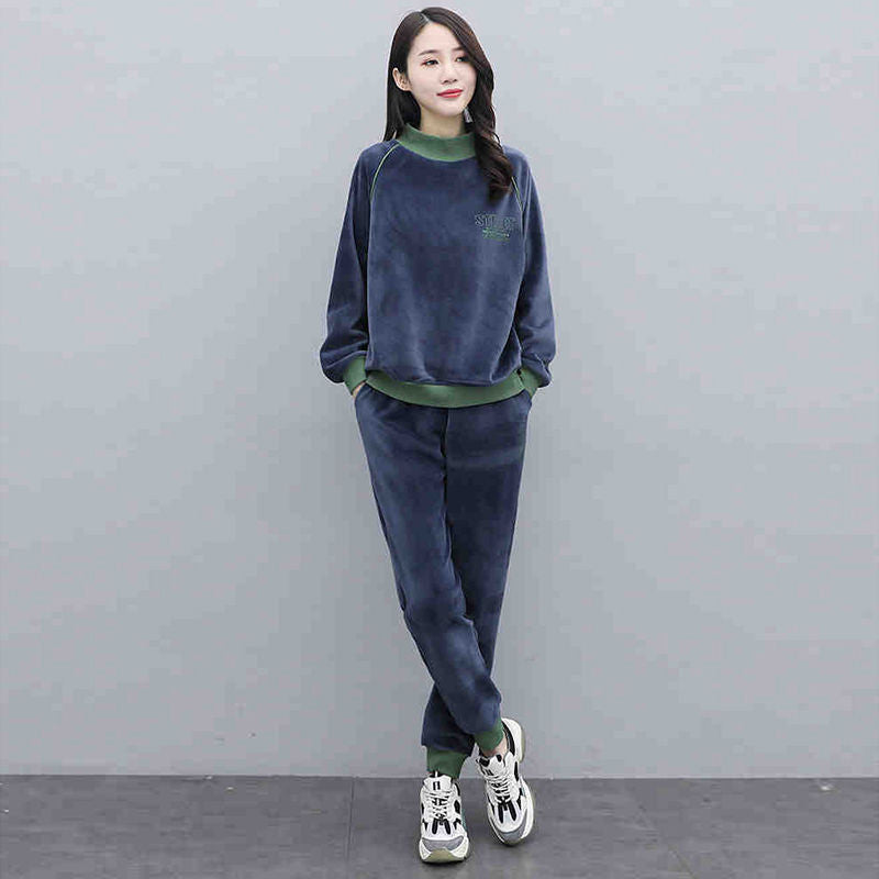 Velour Tracksuit Autumn and Winter Letter Loose Pleuche Sweater Two-Piece Set