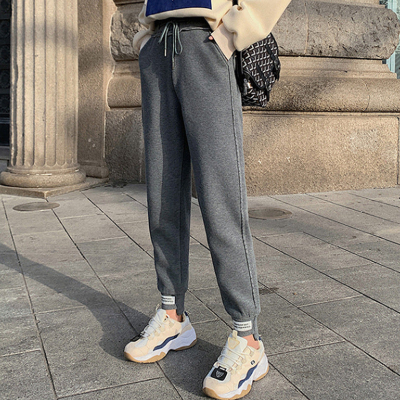 Grey Sweatpants Fleece-Lined Thickened Gray Sports Pants Female Autumn and Winter