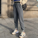 Grey Sweatpants Fleece-Lined Thickened Gray Sports Pants Female Autumn and Winter