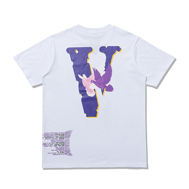 Pop Smoke Vlone Hawk Em T Shirt Flying Pigeon Print Half Sleeve Shirt