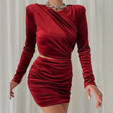 Blue Velvet Dress Gold Velvet Sexy Pleated Hip Skirt