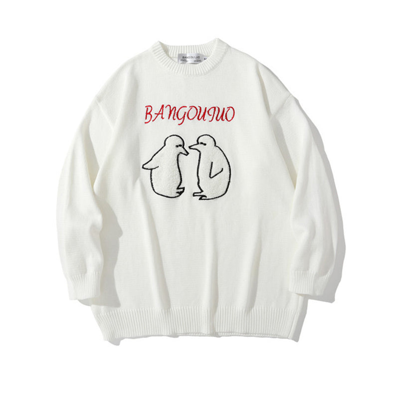Men Sweater Cartoon Towel Embroidery Penguin Sweater Men's Pullover
