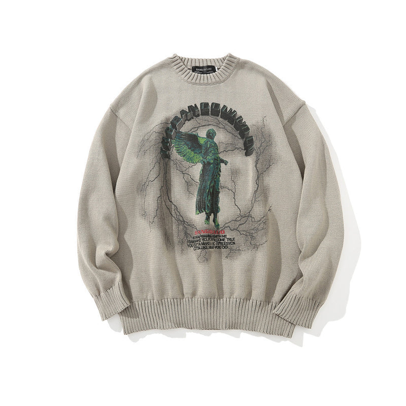 Men Sweater Dark Statue Printed Sweater Men's Loose round Neck