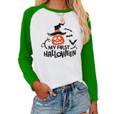 Halloween Costumes Halloween Pattern Printed Raglan Color Contrast Long Sleeve T-shirt Women