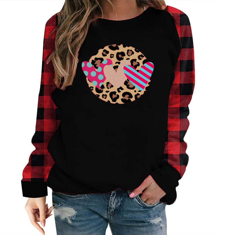 Valentine's Day T Shirt Plaid Sleeve Love Heart Printing Long Sleeve T-shirt
