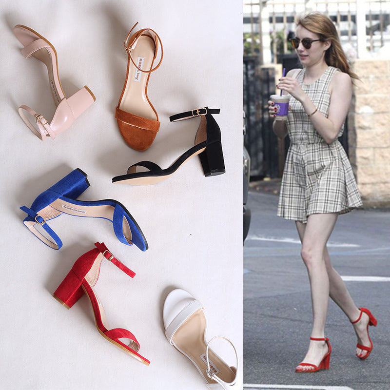 Nude Block Heels Sandals Summer Chunky Heel Buckle High Heels