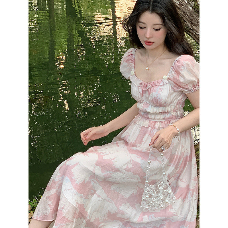 Regency Dress Square Collar Printed Dress Waist-Tight