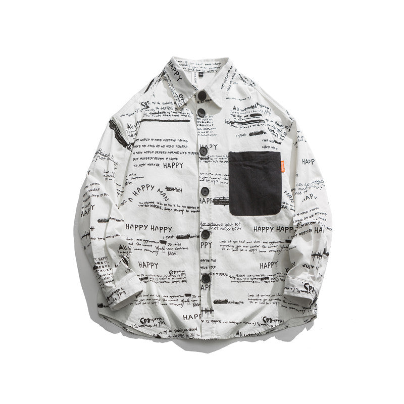 Man Fall Outfis Autumn Clothing Street Hip-Hop Creative Full Printed Contrast Color Pocket Shirt Boys Loose Top