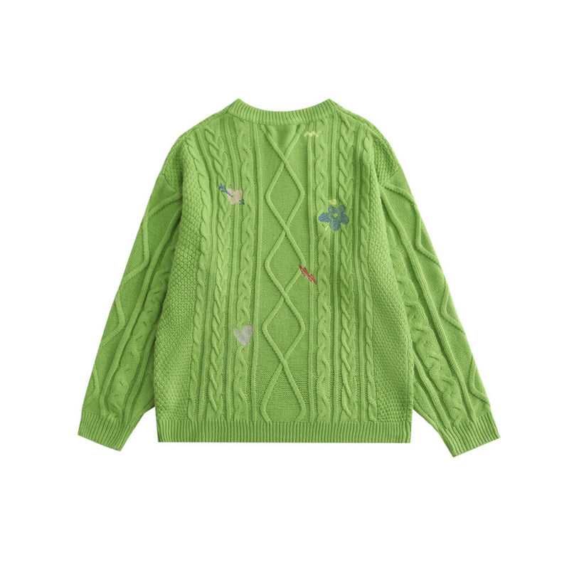 Men Sweater Flower Embroidered Knitted Sweater Men's Street Trend Loose round Neck Sweater
