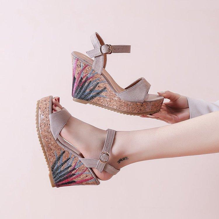High Heels Slides Wedge Platform Embroidered Buckle Open Toe High Heel Sandals