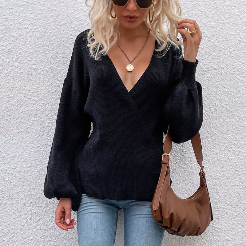 Women Pullover Knit Sweater Women's Sexy Solid Color Cross Knitted Sweater