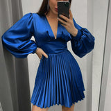 Emerald Green Dress Pleated Long Sleeve Satin Skirt A- Line V-neck High Waist Elegant
