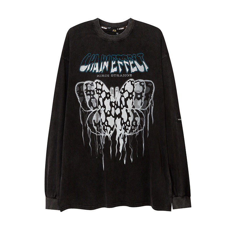 Man Fall Outfits Butterfly Graffiti Long-Sleeved T-shirt Loose Hip Hop Sweater for Men and Women