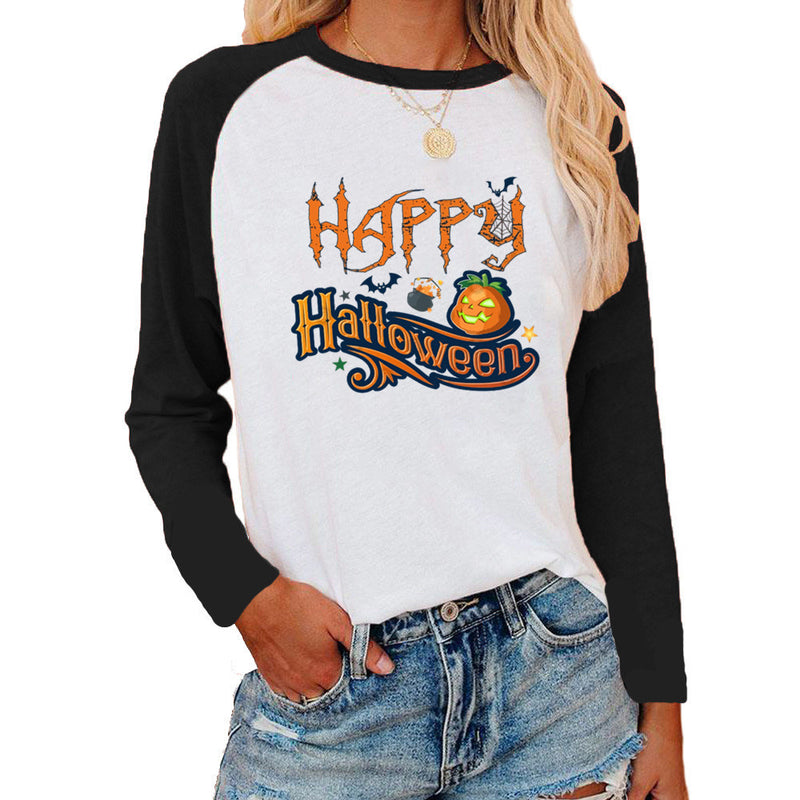 Halloween Costumes Pattern Printed Raglan Color Contrast Long Sleeve T-shirt Women