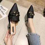 Finn Chain Pointed Toe Mule Slippers Female Summer Outer Wear Pointed Toe Pump Mid Heel Slippers