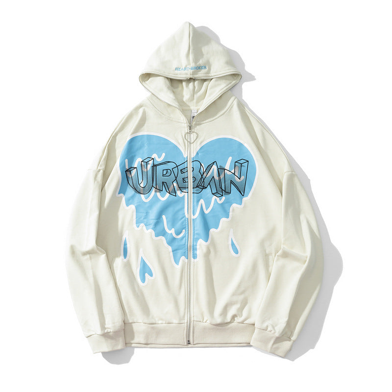 Man Fall Outfits Sweatshirt Hip Hop Heart Graffiti Zipper Cardigan Outerwear Men and Women