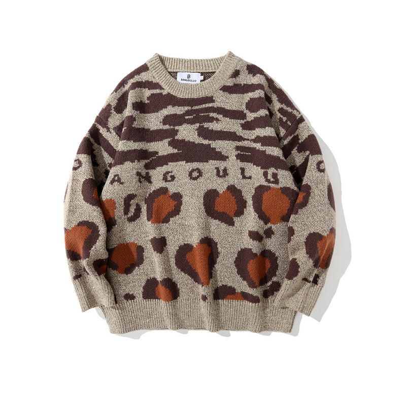 Men Sweater Fashion Brand Leopard Print Knitwear Sweater Men Loose Crew Neck Top