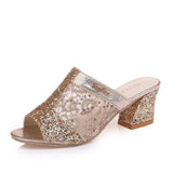 High Heels Women Summer Lace Sequined Mid Heel Peep Toe Sandals