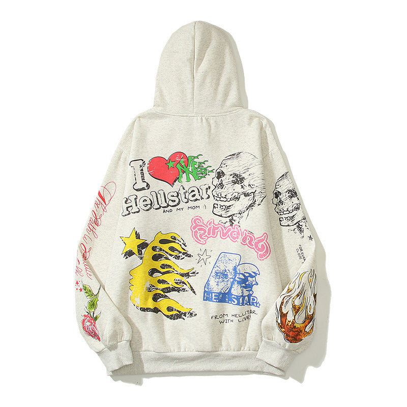 Kanye West Sunday Service Hoodie Skull Graffiti Printing Velvet Padded Hooded Sweatshirt