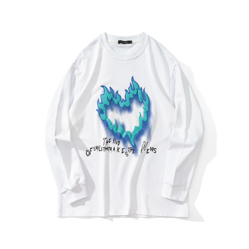 Man Fall Outfits Street Hip-Hop Love Flame Graffiti Thin Sweater Men 'S Fashion Brand Loose Couple Casual All-Matching Long T-shirt
