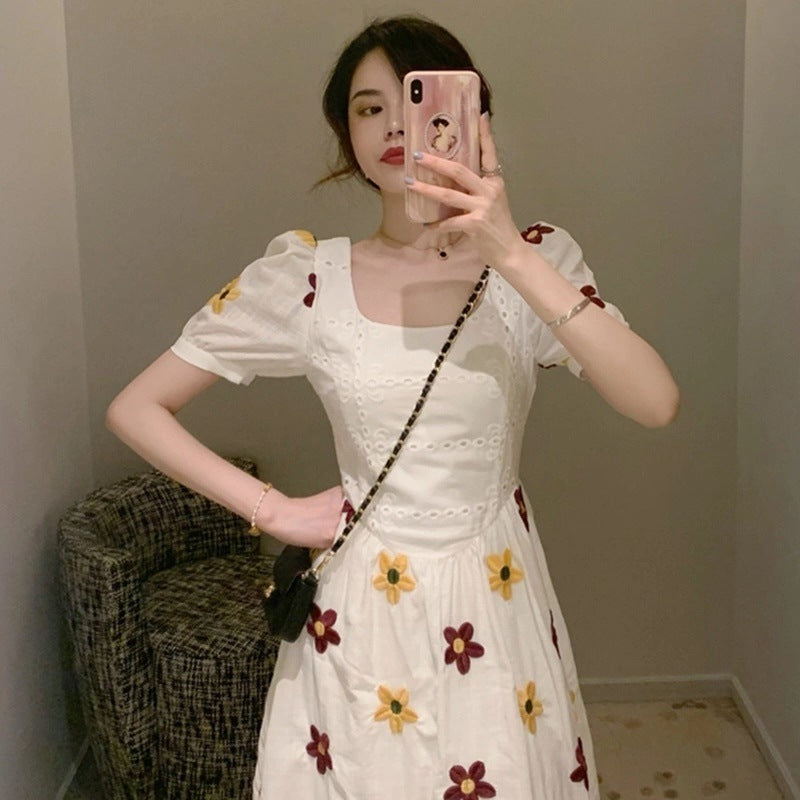 Regency Dress Square Collar Three-Dimensional Flower Embroidery Puff Sleeve