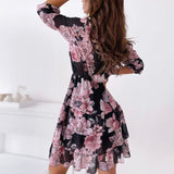 MIDI Mauve Cocktail Dress Printed Short Skirt Women's Printed Temperament Slim Fit Ruffled Dress