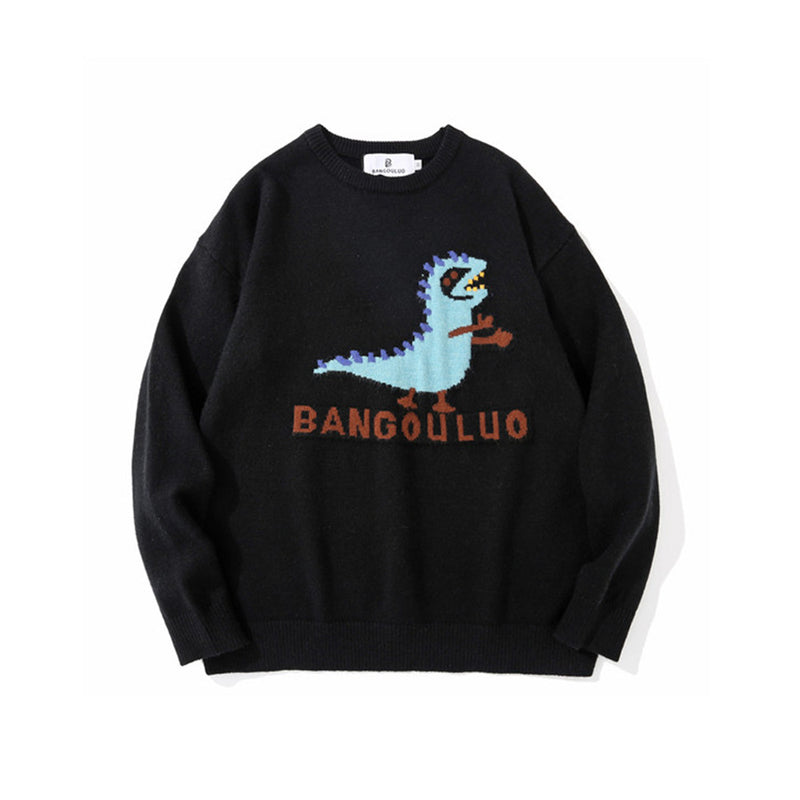 Men Sweater Cartoon Dinosaur Jacquard Sweater Men's Loose round Neck Sweater Trendy Brand Pullover Top