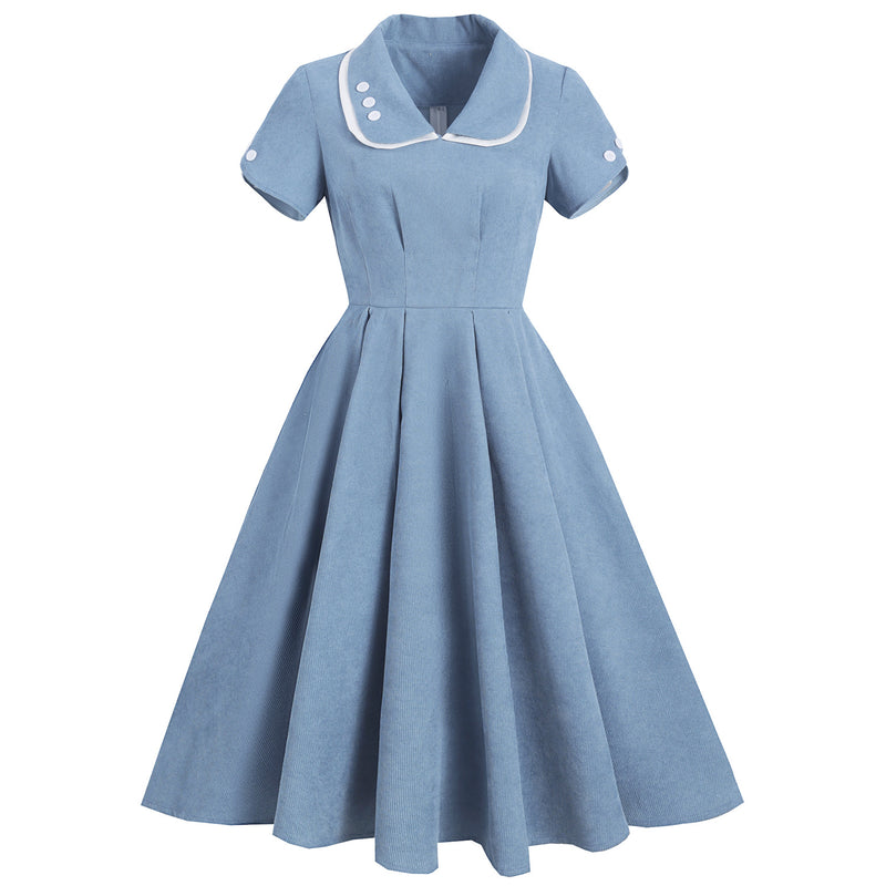 Regency Dress Double Collar Lapel Contrast Color Waist Petal Sleeve Button