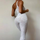 Summer Women's Sexy Mesh Flocking Leopard Print One-Shoulder High Waist Tight Sports Jumpsuit