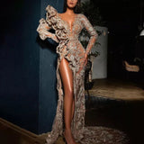 Long Homecoming Dresses Sexy Gold Sequined Long Sleeve Banquet Dress Trailing Skirt