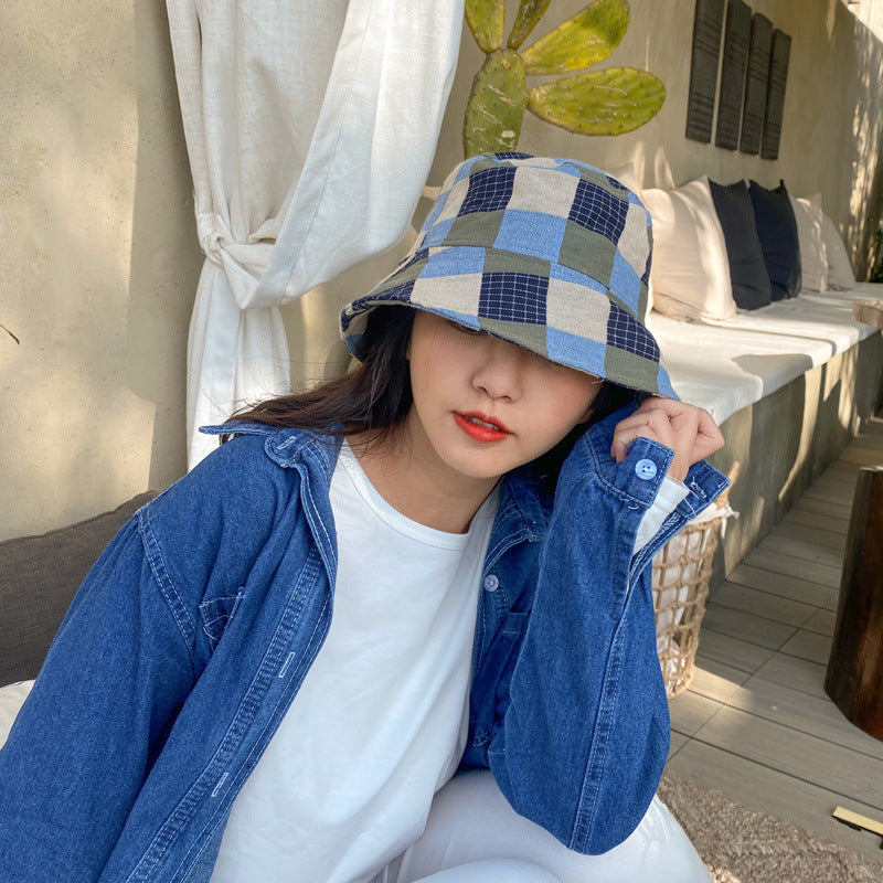 Vintage Check Bucket Hat Grid Sun-Proof Basin Hat