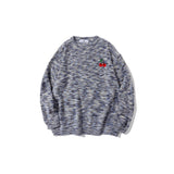 Men Sweater Cherry Embroidery Color Gradient Striped Sweater Men's round Neck Sweater Long Sleeve