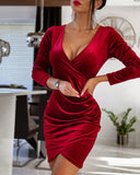 Long Sleeve Burgundy Dress Formal Autumn and Winter Beauty Clothing Solid Color and V-neck Sexy Dress