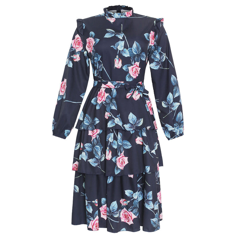 Vintage Floral Print Long Sleeves Holiday Lace-up Dress African Dashiki Ankara Styles Dress