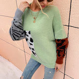 Women Pullover Knit Sweater Women's Clothing Autumn and Winter Contrast Color Leopard-Print Sweater Women