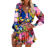 Coachella Music Festival Outfits Autumn Color Print Street Fashion V-neck Dress