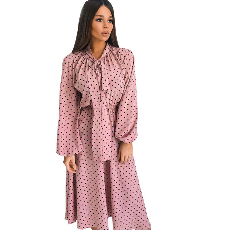 Kendall Jenner Wedding Guest Dress Scarf Collar Women's Long Sleeve Polka Dot