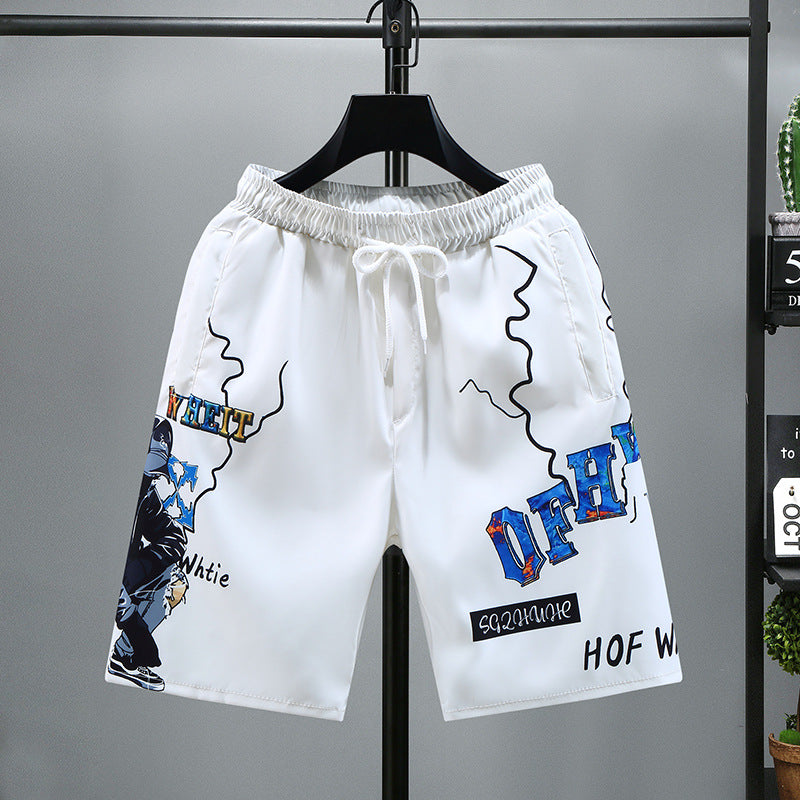Men White Shorts Summer Ice Silk Shorts Printed Shorts Beach Pants