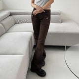 Julia Fox Low Rise Jeans Double-Sided Irregular Pocket Low Waist Slim Fit Bell-Bottom Pants Denim Casual Trousers