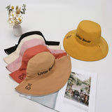 Women Bucket Hat Wide Brim Bear English Embroidery Sunshade