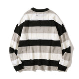 Men Sweater Ripped Striped Sweater Men's Horizontal Striped Pullover