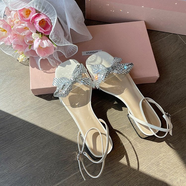 Nude Low Block Heel Rhinestone Bow Square Head