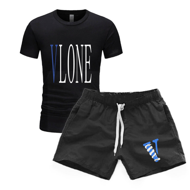 Vlone T Shirts & Shorts 2 Piece Set Men'S Short Sleeve Sports Beach Shorts Round Neck T-Shirt