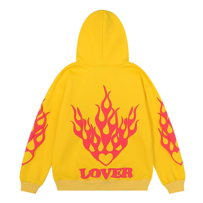 Kanye West Sunday Service Hoodie Autumn And Winter Lover Letter Three-Dimensional Flame Puff Print Velvet Padded Hooded Sweatshirt