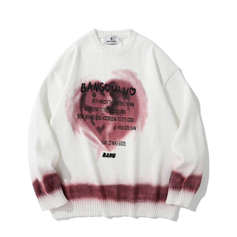 Men Sweater Heart Letter Printed Knitwear Men Loose Pullover