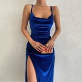 Blue Velvet Dress Sexy Slim Fit Slit Sling