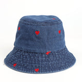 Denim Bucket Hat Fishing Cap Cotton Print Fisherman Hat Red Love Heart Embroidery Vintage Fashion