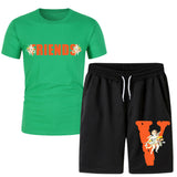 Vlone T Shirts & Shorts 2 Piece Set Short Sleeve T-Shirt Summer Loose Print T-Shirt